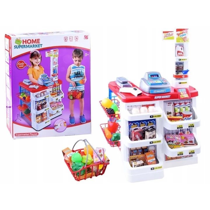 Set de joaca, Jokomisiada, Supermarket, Cu casa de marcat, Cos, Accesorii, 24 piese, 3 ani+, Multicolor