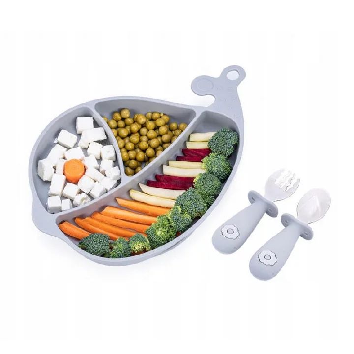 Set de masa, Giligums, Balena, Cu farfurie, Cu 2 tacamuri, Din silicon, Fara BPA, 6 luni+, Gri