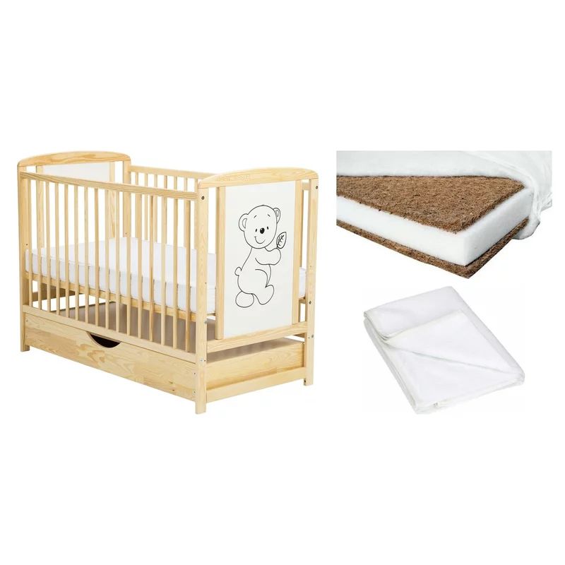 Set Patut din lemn Babyneeds cu sertar + Saltea Cocos Confort II + Protectie impermeabila Qmini