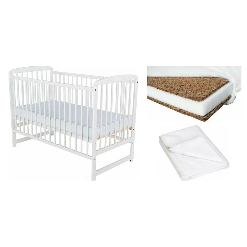 Set Patut din lemn bebe Babyneeds, Ola, 120x60 cm, Alb + Saltea patut bebe, Cocos Confort II, Cu husa detasabila, Antialergica, 120x60x8 cm + Protectie impermeabila, Pentru patuturi 120x60 cm, Alb
