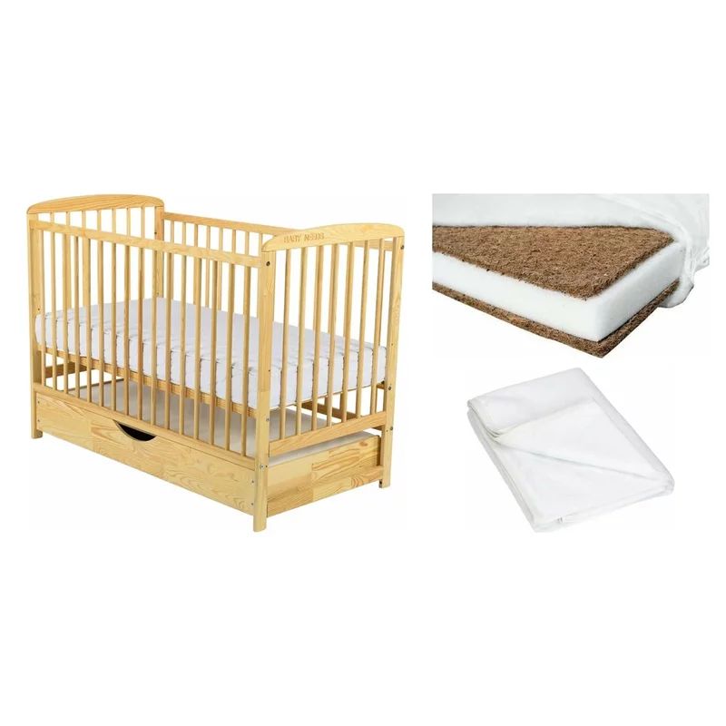 Set Patut din lemn bebe Babyneeds, Ola cu sertar, 120x60 cm, Natur + Saltea patut bebe, Cocos Confort II, Cu fibre de cocos si strat de burete, 120x60x10 cm + Protectie impermeabila, Pentru patuturi 120x60 cm, Alb