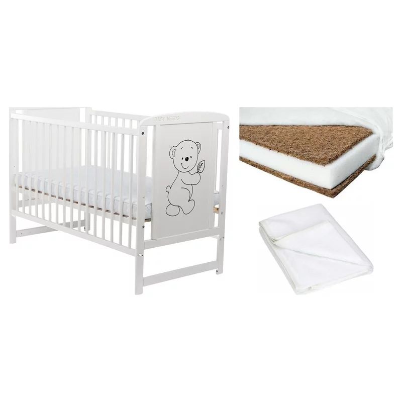 Set Patut din lemn Timmi 120x60 cm + Saltea Cocos Confort II + Protectie impermeabila Qmini