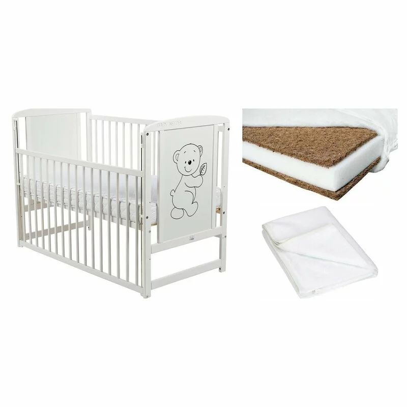 Set Patut din lemn bebe Babyneeds, Timmi, 120x60 cm, Alb + Saltea patut bebe, Cocos Confort II, Cu fibre de cocos si strat de burete, 120x60x12 cm + Protectie impermeabila, Pentru patuturi 120x60 cm, Alb