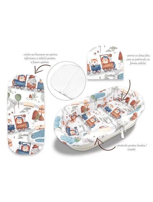 Set pentru landou/cosulet, MimiNu, Cu protectie, saltea si pernuta, Din bumbac certificat Oeko Tex Standard 100, Design, Zoo in train