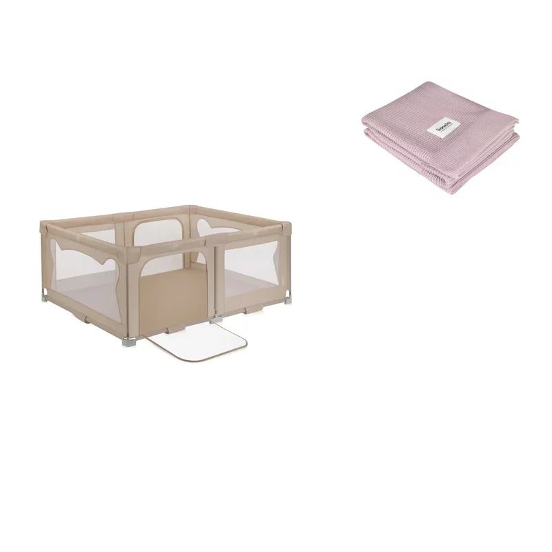 Set Tarc de joaca copii, Lionelo, Florence Easy Fold, 150 x 180 x 75 cm, Bej + Paturica multifunctionala, Din bambus, 100x75 cm, Roz