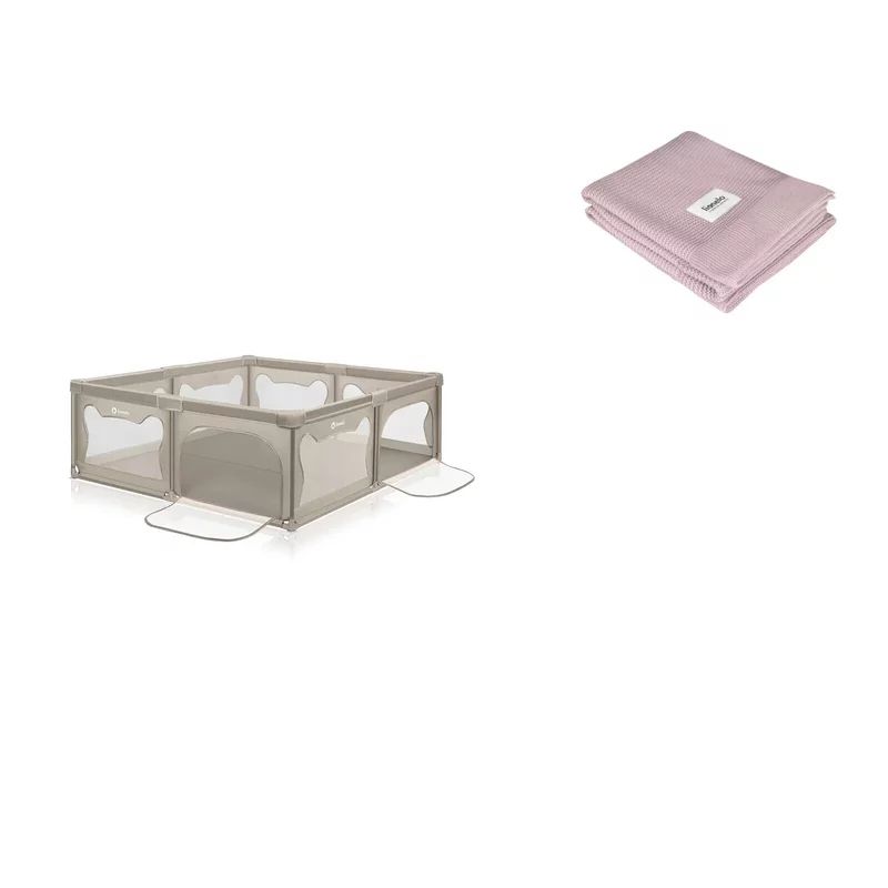 Set Tarc de joaca copii Lionelo Willow XL 180 x 200 cm, Pliere compacta, Din plasa, Cu doua intrari laterale si fermoar, Cu ventuze, EN 12227:2010, Bej + Paturica multifunctionala, Din bambus, 100x75 cm, Roz