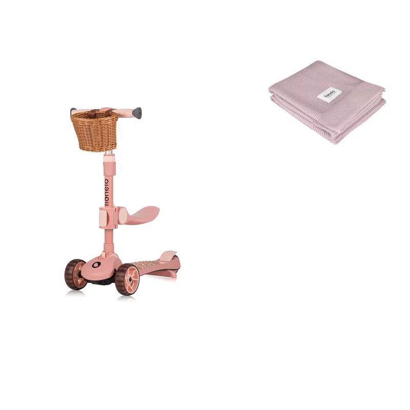 Set Trotineta, Lionelo, Franky, Multifunctionala, Pliabila, Pana la 50 kg, Bicicleta cu 3 roti si trotineta de echilibru, Ghidon reglabil, Sezut detasabil, Roti cu LED, EN71, EN62115, 12 luni+, Roz + Paturica multifunctionala, Din bambus, 1