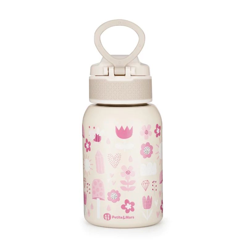 Sticla termos lichide, Petite&Mars, Twinkling Fairy, Din otel inoxidabil, Cu mentinere de temperatura calda pana la 12 h, Rece pana la 24 h, 350 ml, Fara BPA, Cu maner de transport, 12 luni+, Bej/Roz