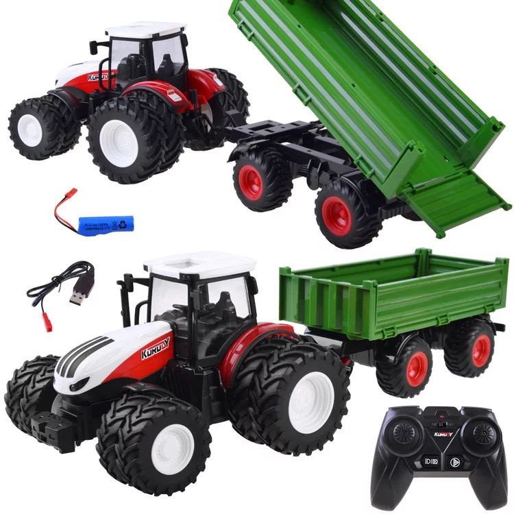Tractor de jucarie RC, Cu telecomanda si remorca, Green