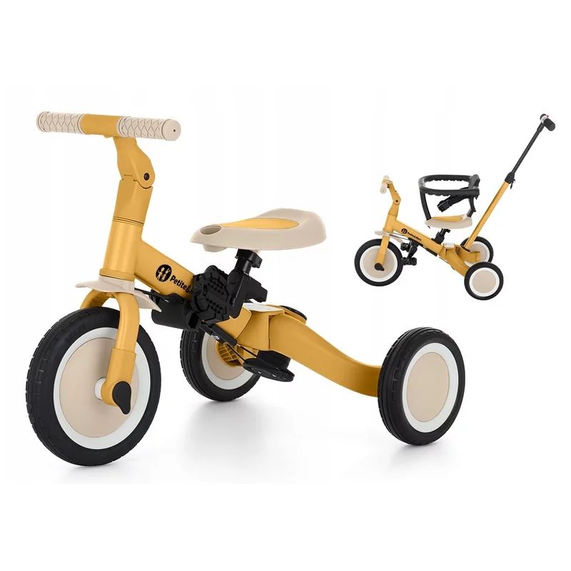 Tricicleta, Petite&Mars, Turbo, 5 in 1, Multifunctionala, Vehicul de impins, Bicicleta cu/fara pedale, Cu maner de ghidaj, Detasabil, Roti din cauciuc, Pana la 25 kg, 1.5-5 ani, Ocru