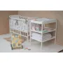 Patut din lemn bebe, 120x60 cm, Cu laterala culisanta, Din lemn de pin si mdf, Stabil si rezistent, Inaltime saltea reglabila pe 3 nivele, Laterala cu 3 bete detasabile, EN716-1, EN716-2, Alb, Babyneeds, Timmi + Saltea 10 cm - 12