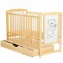 Patut din lemn bebe, 120x60 cm, Cu sertar cu capac, Din lemn de pin si mdf, Stabil si rezistent, Inaltime saltea reglabila pe 3 nivele, Laterala cu 3 bete detasabile, EN716-1, EN716-2, Natur, Babyneeds, Timmi + Saltea 12 cm - 6