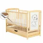Patut din lemn bebe, 120x60 cm, Cu sertar cu capac, Din lemn de pin si mdf, Stabil si rezistent, Inaltime saltea reglabila pe 3 nivele, Laterala cu 3 bete detasabile, EN716-1, EN716-2, Natur, Babyneeds, Timmi + Saltea 12 cm - 1