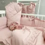 Paturica de infasat, MimiNu, Cu volanase, Cu multiple utilizari, Cu inchidere cu panglica, Dimensiune 75x75 cm, Din bumbac certificat Oeko Tex Standard 100, Colectia Royal, Powder Pink - 4