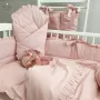 Paturica de infasat, MimiNu, Cu volanase, Cu multiple utilizari, Cu inchidere cu panglica, Dimensiune 75x75 cm, Din bumbac certificat Oeko Tex Standard 100, Colectia Royal, Powder Pink - 6