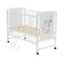 Patut din lemn bebe, 120x60 cm, Cu laterala culisanta, Din lemn de pin si mdf, Stabil si rezistent, Inaltime saltea reglabila pe 3 nivele, Laterala cu 3 bete detasabile, EN716-1, EN716-2, Alb, Qmini, Timmi Elephant + Saltea 12 cm - 7