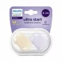 Set 2 suzete bebelusi, Philips Avent, Ultra Start, Ortodontice, Silicon moale, Usoare, Fara inel si fara BPA, Conceputa pentru gurite micute, 0-2 luni, Galben/Mov - 2