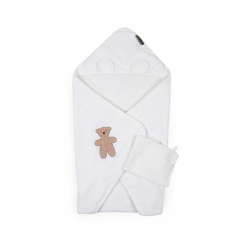 Prosop cu gluga si manusa de baie Childhome 80x80 cm, Muselina/Terry Teddy