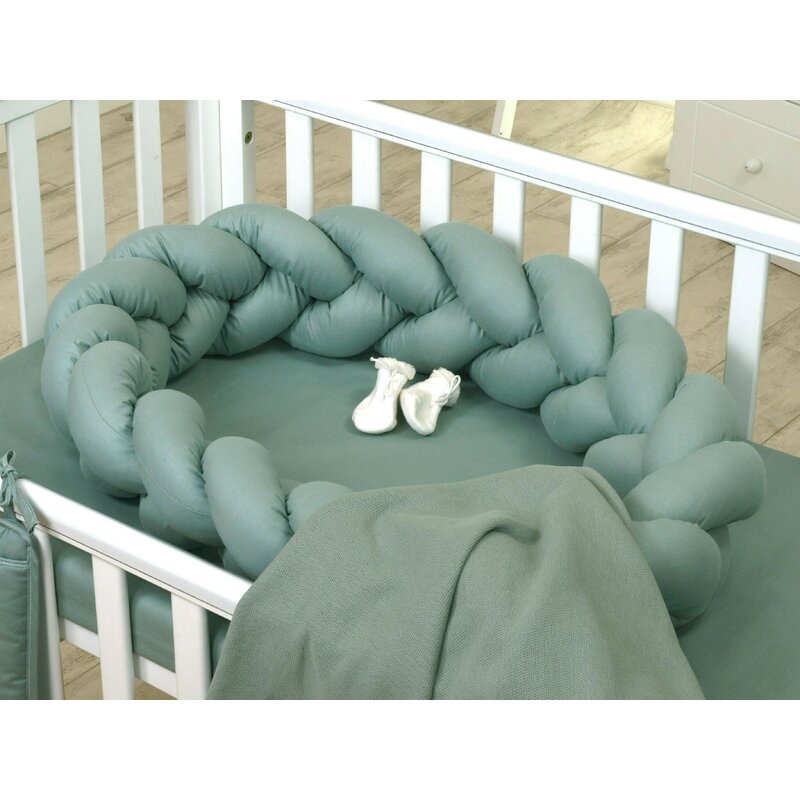Amy - aparatoare laterala pat bumper impletit pure inchidere velcro, 210 cm din bumbac, verde