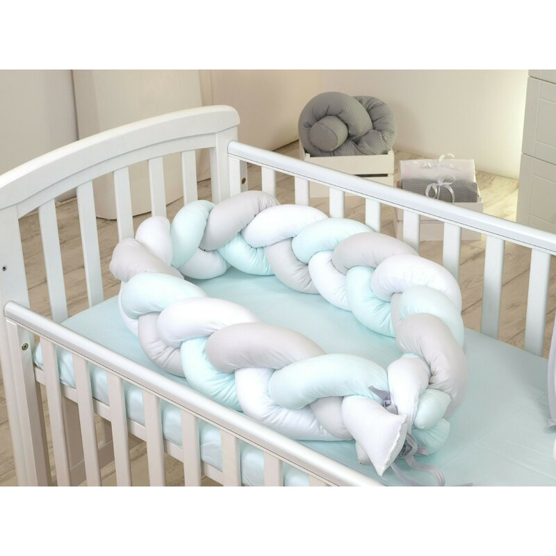 Amy - protectie laterala patut bumper impletit 210 cm bumbac white/grey/mint