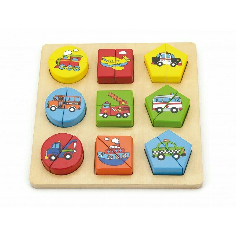 Viga - puzzle din lemn cuburi cu mijloace de transport , puzzle copii, piese 18