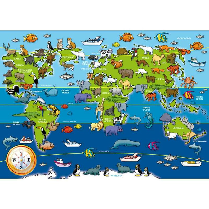 Puzzle de podea, Ravensburger, Harta animalele lumii, 60 piese, 4 ani+, Multicolor