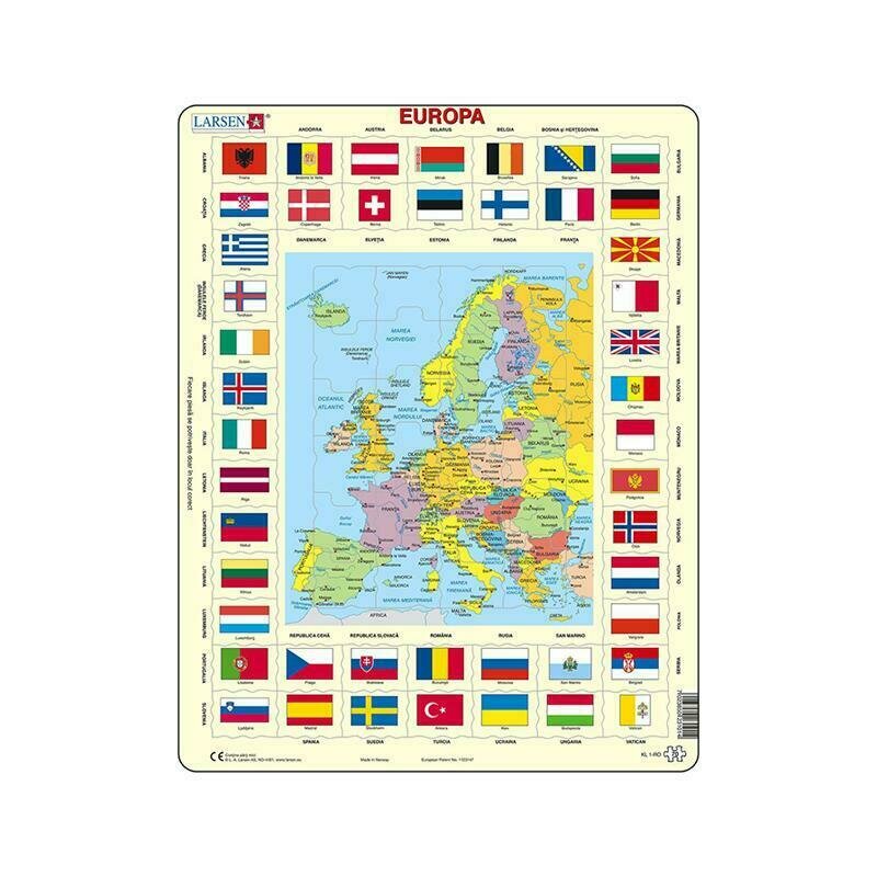 Larsen - Puzzle educativ Harta Europei si steagurile tarilor din Europa , Puzzle Copii , Maxi, Orientare tip portret, In romana, piese 70