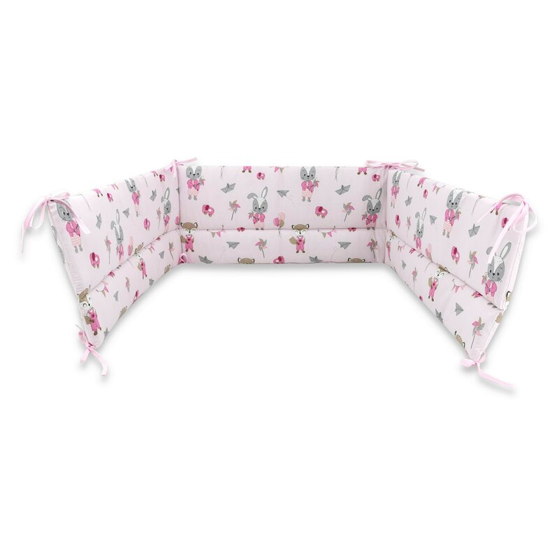 Aparatoare pentru patut, Qmini, Din bumbac certificat Oeko Tex Standard 100, 180x30 cm, Cu panglici, Fox and Rabbit, Pink