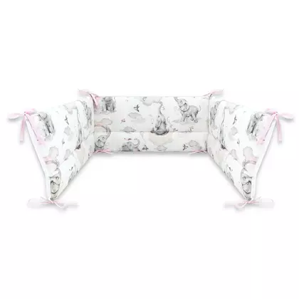Aparatoare pentru patut, Qmini, Din bumbac certificat Oeko Tex Standard 100, 210x30 cm, Cu panglici, Elephants on Rainbow Pink