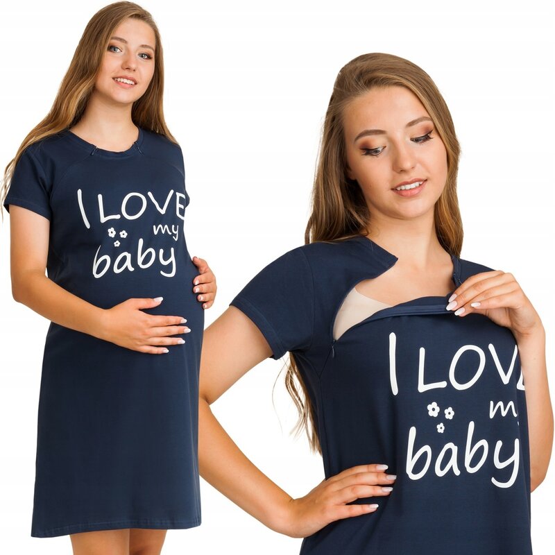 Qmini - Camasa de alaptat, L/XL, Din bumbac si elastan, Cu fermoare, I love my baby Navy