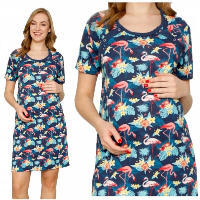 Qmini - camasa de alaptat, xl, din bumbac, cu capse oblice, flamingos