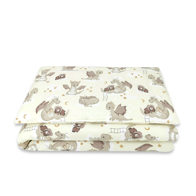 Lenjerie patut junior cu 2 piese, Qmini, Din bumbac certificat Oeko Tex Standard 100, 140 x 200 cm, Dragons Beige