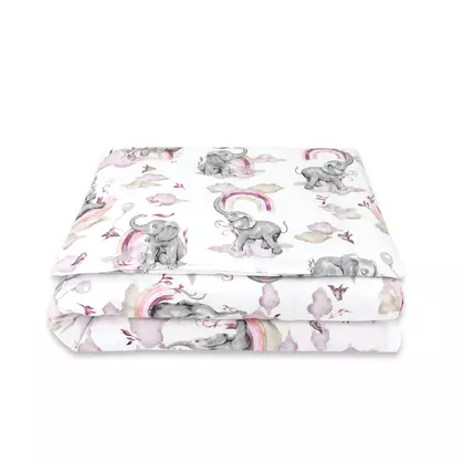 Lenjerie patut junior cu 2 piese, Qmini, Din bumbac certificat Oeko Tex Standard 100, 140 x 200 cm, Elephants on Rainbow Pink