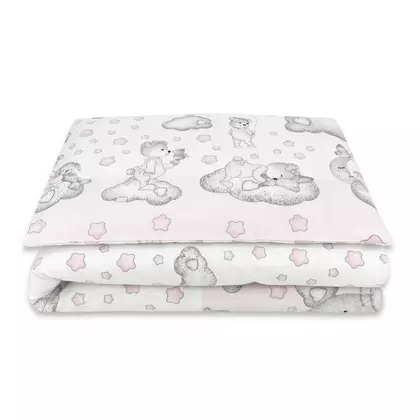Lenjerie patut junior cu 2 piese, Qmini, Din bumbac certificat Oeko Tex Standard 100, 140 x 200 cm, Teddy Bear with Pink Heart
