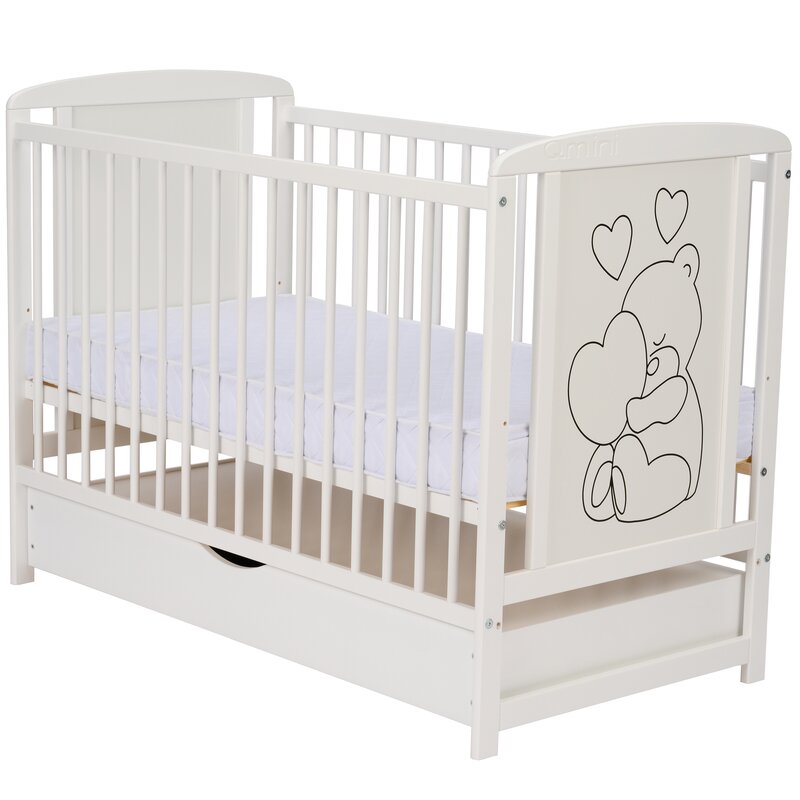 Qmini - patut din lemn timmi heart 120x60 cm, cu sertar, din lemn de pin, mdf, somiera reglabila, alb