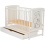 Patut din lemn, 120x60 cm, Cu sertar, Din lemn de pin si mdf, Stabil si rezistent, Inaltime saltea reglabila pe 3 nivele, Laterala cu 3 bete detasabile, EN716-1, EN716-2, Alb, Qmini, Timmi Heart + Saltea 8 cm - 17