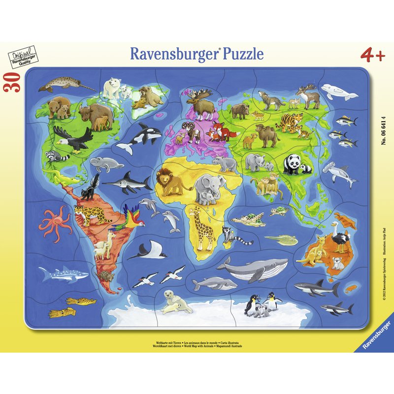 Ravensburger - puzzle harta lumii cu animale, 30 piese