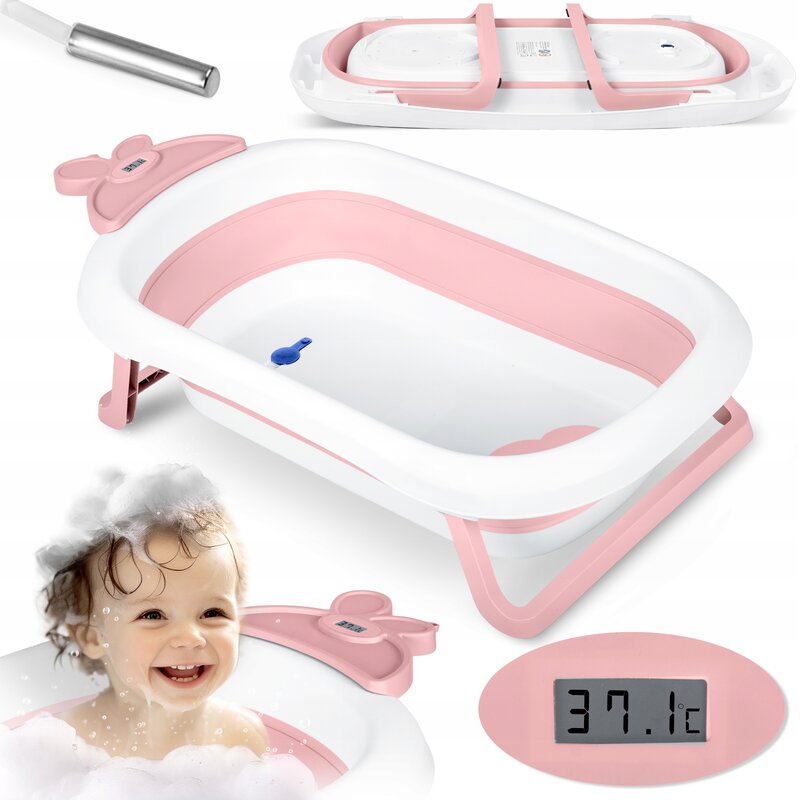 Cadita pliabila, Ricokids, De baie cu termometru, dop de scurgere, RK-282, White and Pink