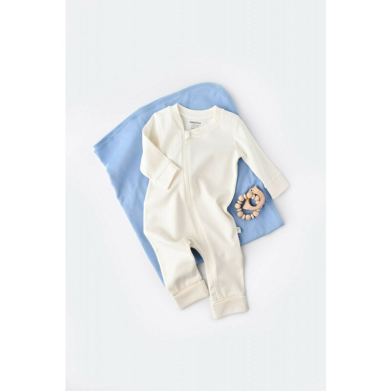 Salopeta cu fermoar cu maneca lunga si pantaloni lungi - 100%bumbac organic - Ecru, BabyCosy (Marime: 12-18 Luni)