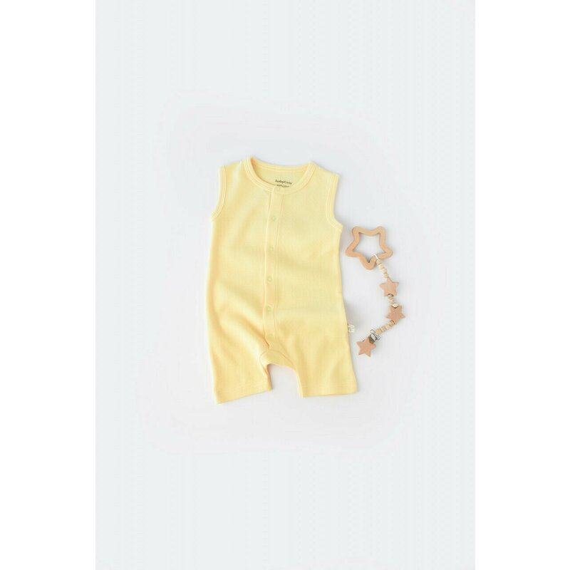 Salopeta fara maneci si pantaloni scurti - 100% bumbac organic - Galben, BabyCosy (Marime: 18-24 Luni)