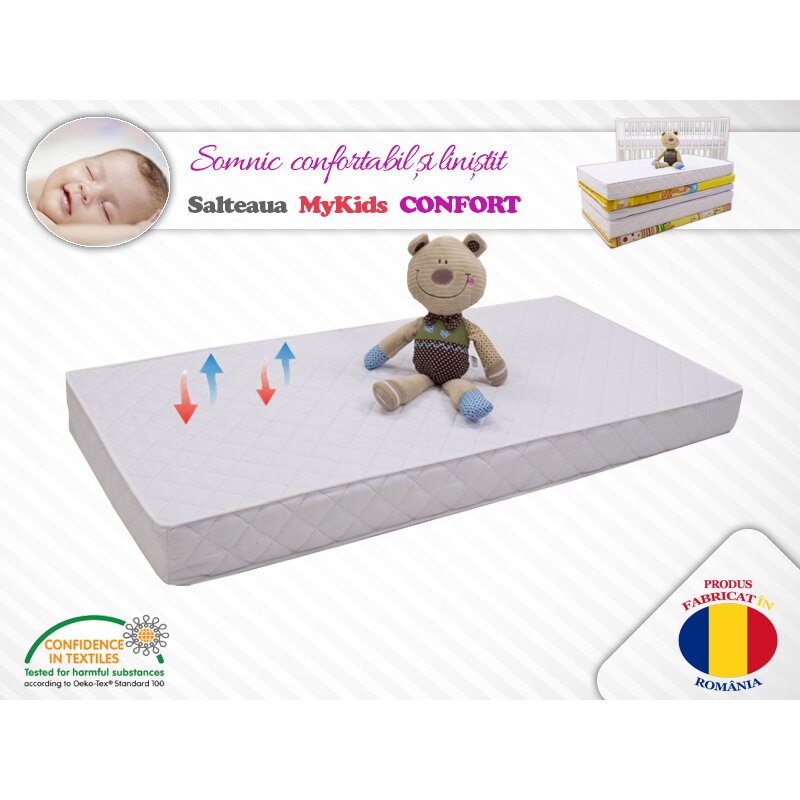 Mykids - saltea pentru patut confort ii din bumbac, 90x50 cm, 8 cm cocos-spuma-cocos, alb