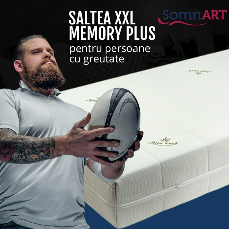 Saltea cu memorie SomnART XXL Memory Plus 100x200, înălțime 25cm, pentru persoane supraponderale, husă Aloe Vera detașabilă, rulată, fermitate mare