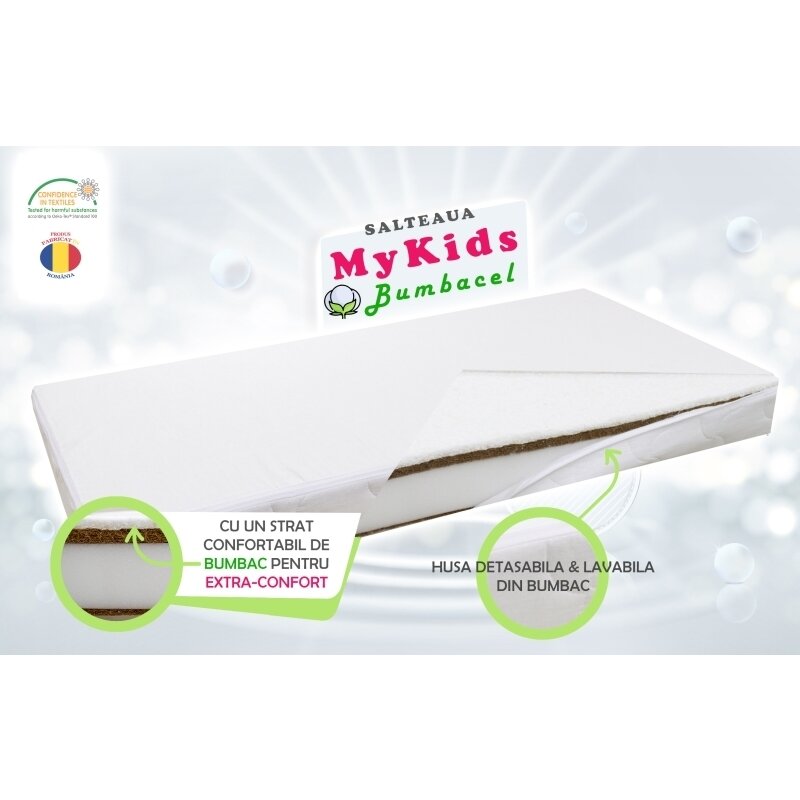 Mykids - saltea pentru patut bumbacel din bumbac, 120x60 cm, 9 cm cocos-spuma-cocos-bumbac, alb