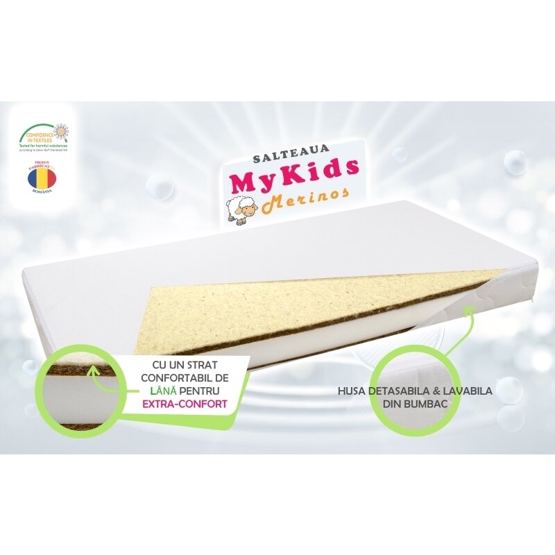 Mykids - saltea pentru patut merinos din bumbac, 120x60 cm, 10 cm cocos-spuma-cocos-lana, alb