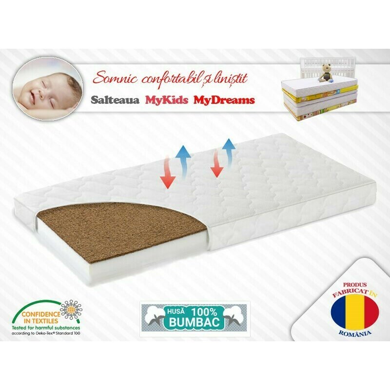 Mykids - saltea pentru patut mydreams i din bumbac, 110x65 cm, 10 cm cocos-spuma, alb