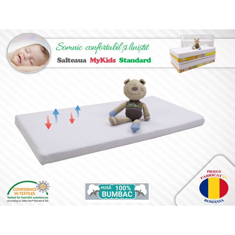 Mykids - saltea pentru patut standard ii din bumbac, 120x60 cm, 7 cm cocos-spuma-cocos, alb