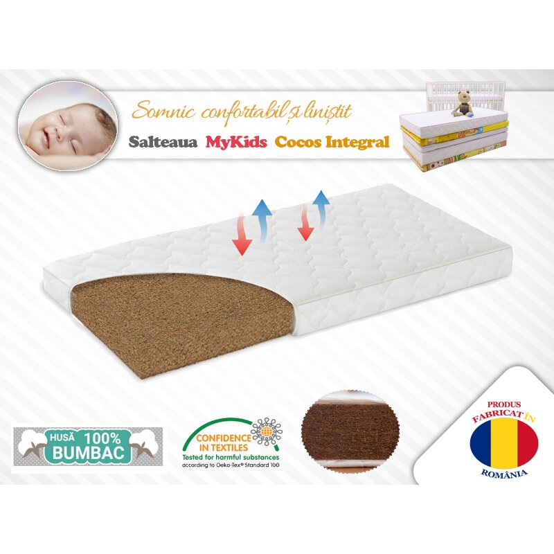 Saltea MyKids Fibra De Cocos Integral 140x70x8 Husa Bumbac Matlasat