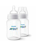 Set 2 biberoane, Philips Avent, Anti-colici, 260 ml, Fara BPA, Usor de curatat, Tetine cu structura striata contra aplatizarii, 1 luna+, Transparent
