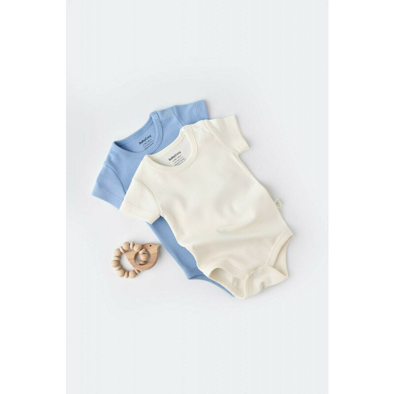 Set 2 body-uri bebe unisex -100% bumbac organic - Ecru/Bleu, BabyCosy (Marime: 12-18 Luni)