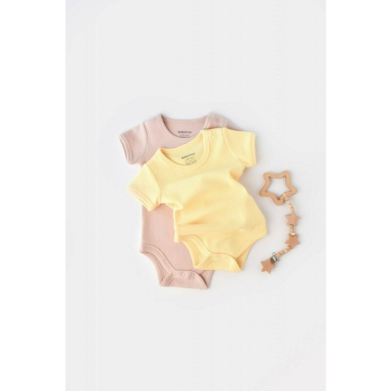 Set 2 body-uri bebe unisex -100% bumbac organic - Galben/Roz, BabyCosy (Marime: 12-18 Luni)